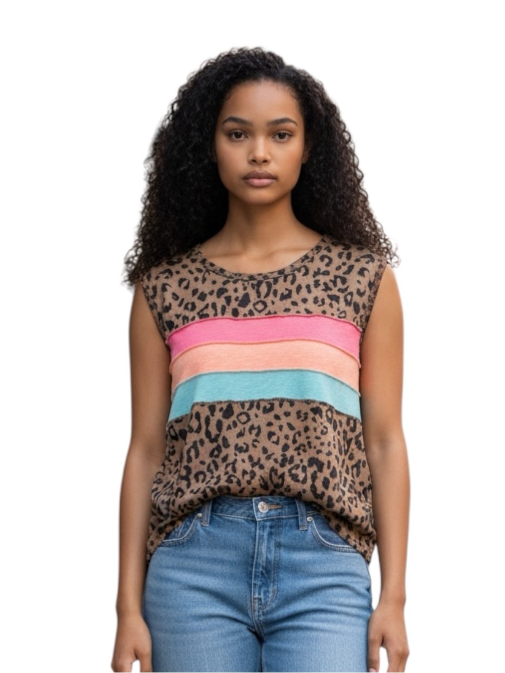 Bibi Leopard Print Stripe Tank Top in Pink Peach Blue Size XL